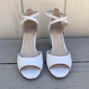 White leather wedge ankle strap shoes